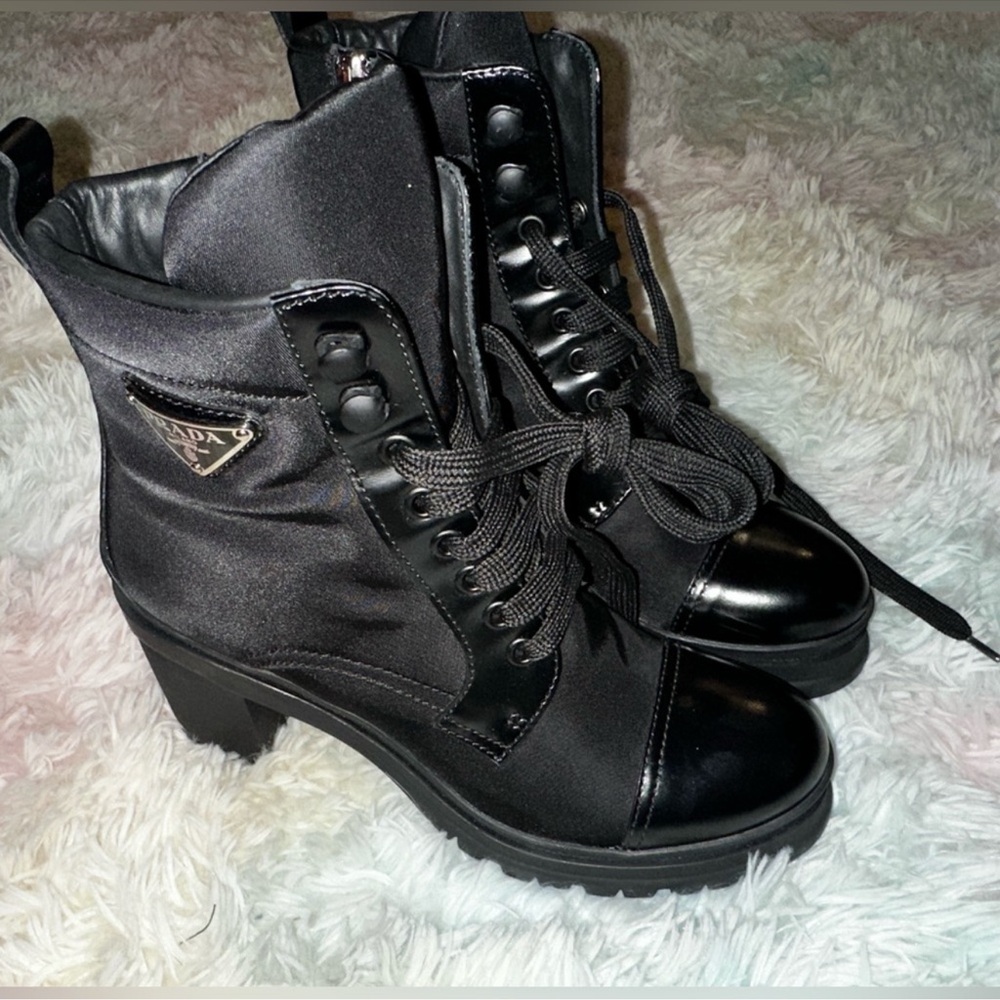 Prada Black Lug Sole Lace-Up Ankle Boots - Picture 2 of 14